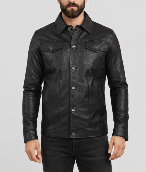 Blake Men's Black Retro Leather Trucker Jacket - Front