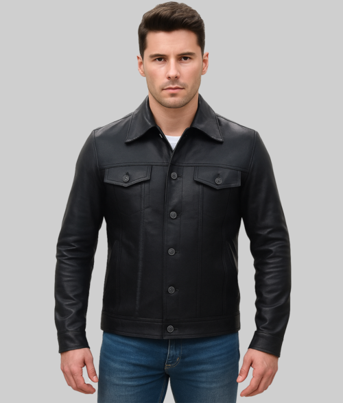 Blake Men's Black Retro Leather Trucker Jacket-Front View