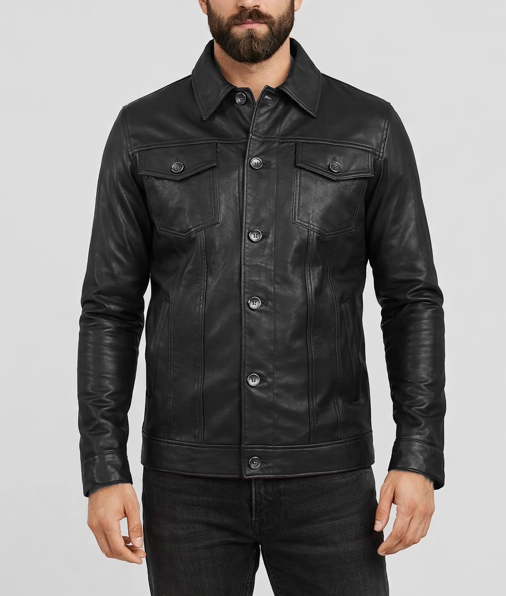 Blake Men's Black Retro Leather Trucker Jacket - Front