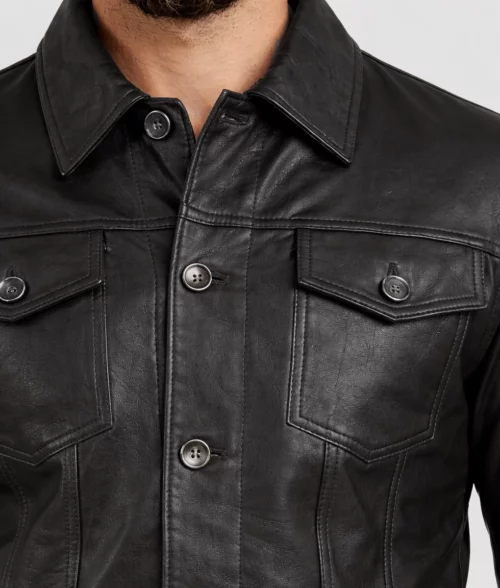 Blake Men's Black Retro Leather Trucker Jacket - Zoom