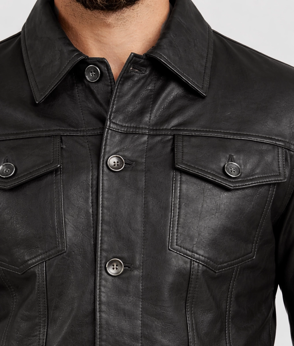 Blake Men's Black Retro Leather Trucker Jacket - Zoom