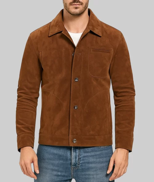 Carson Men's Brown Minimal Suede Trucker Jacket-Front View