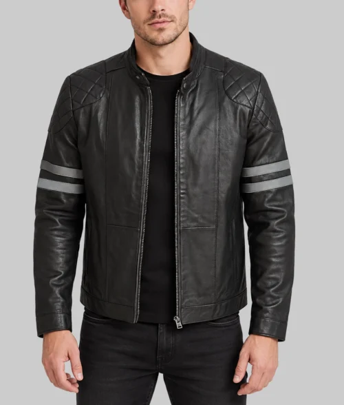 Cassidy Men's Black Western Quilted Real Leather Racer Jacket - Front