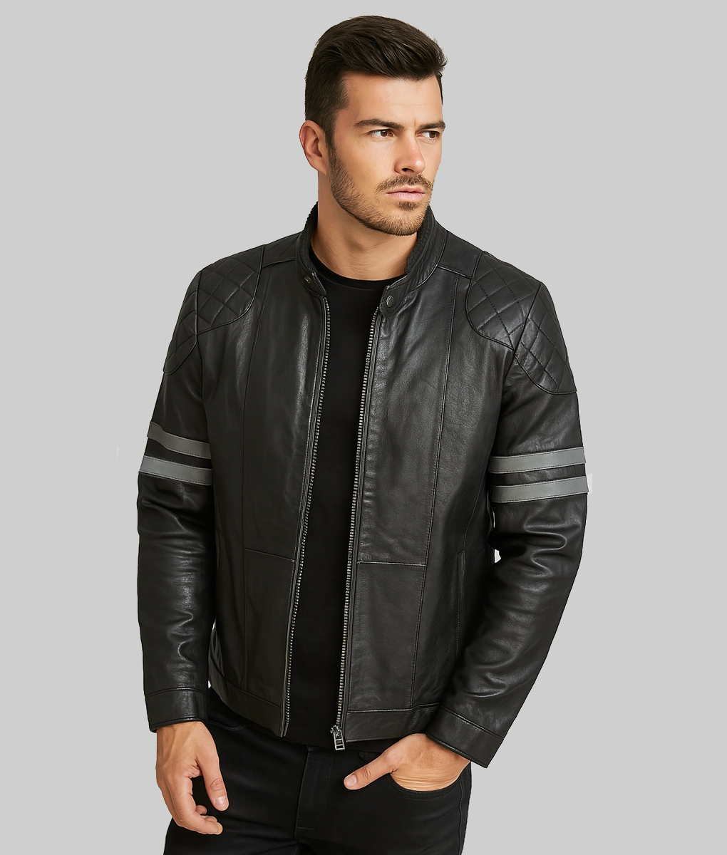 Cassidy Men's Black Western Quilted Real Leather Racer Jacket-Front View