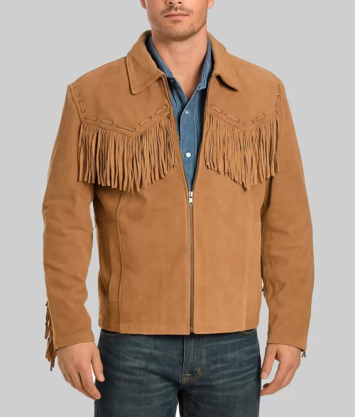 Clayton Men's Brown Fringe Western Cowboy Classic Suede Jacket-Front View