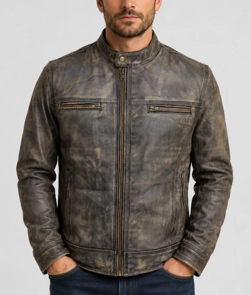 Connor Men's Brown Distressed Vintage Leather Cafe Racer Jacket - Front