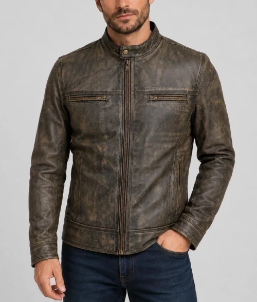 Connor Men's Brown Distressed Vintage Leather Cafe Racer Jacket - Side