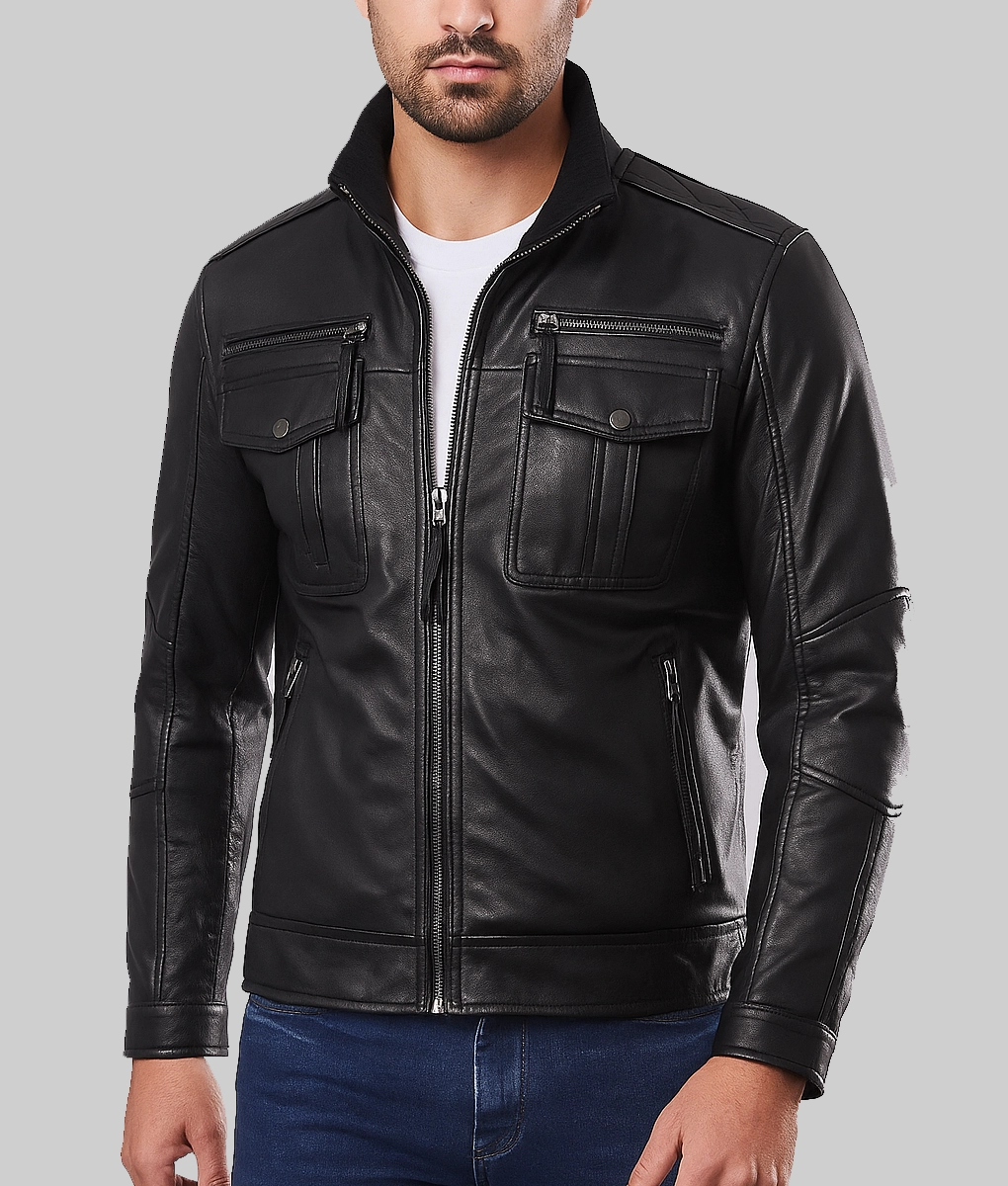Darian Men's Utility Cafe Racer Leather Jacket-Front View
