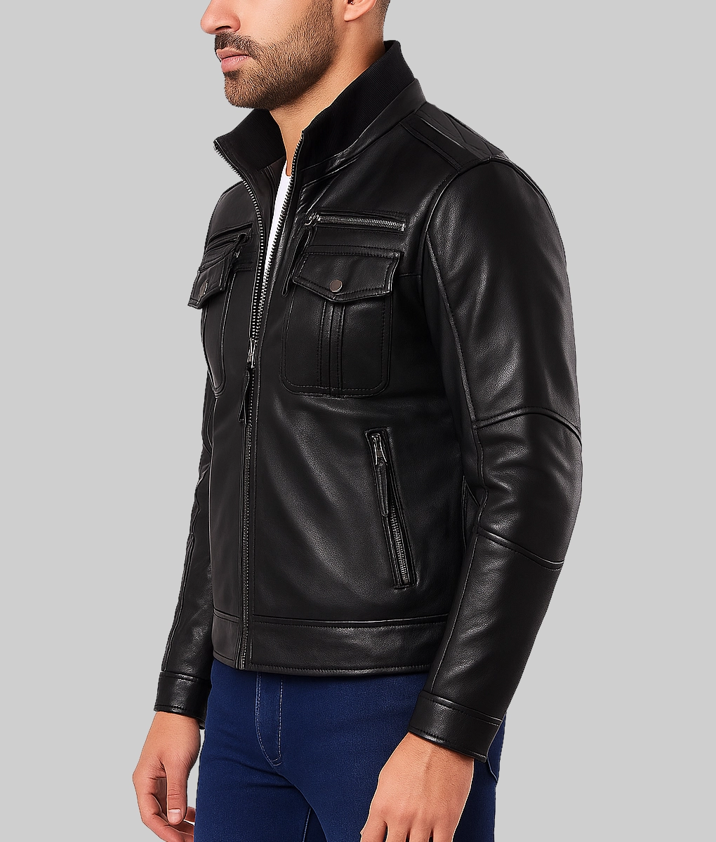 Darian Men's Utility Cafe Racer Leather Jacket-Side View