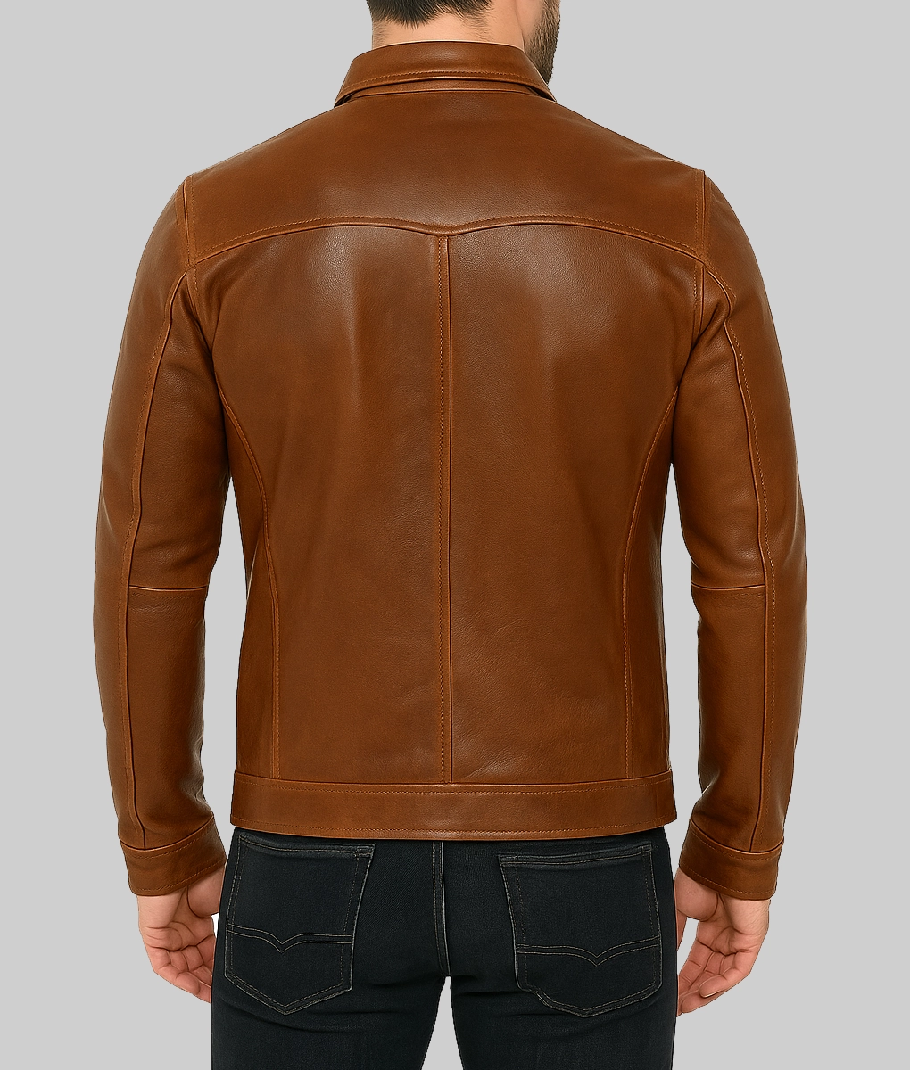 Dominic Men's Brown Vintage Western Waxed Leather Trucker Jacket-Back View