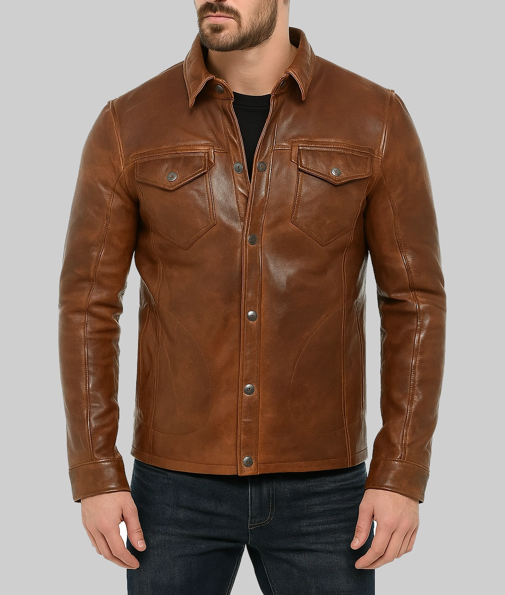 Dominic Men's Brown Vintage Western Waxed Leather Trucker Jacket-Front View