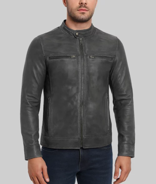 Dominic Men's Gray Retro Heavy Stitched Leather Cafe Racer Jacket-Front View