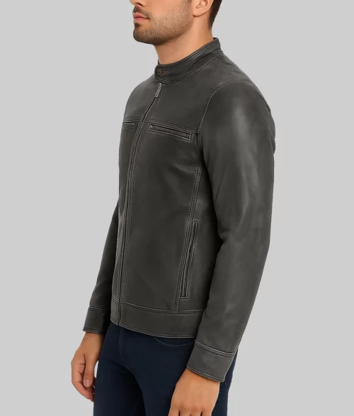 Dominic Men's Gray Retro Heavy Stitched Leather Cafe Racer Jacket-Side View