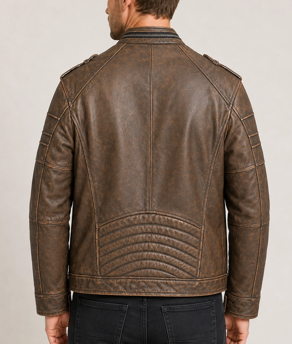 Easton Men’s Brown Distressed Bold Leather Racer Jacket - Back