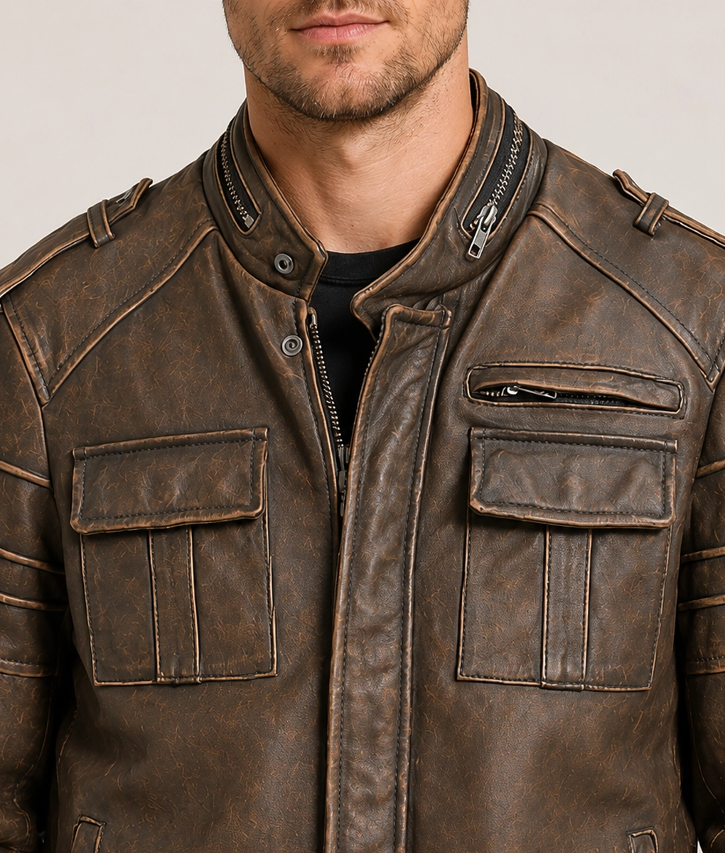 Easton Men’s Brown Distressed Bold Leather Racer Jacket - Collar