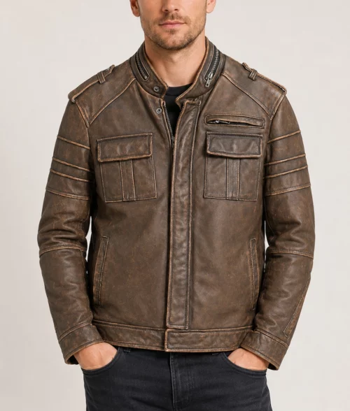 Easton Men’s Brown Distressed Bold Leather Racer Jacket - Front