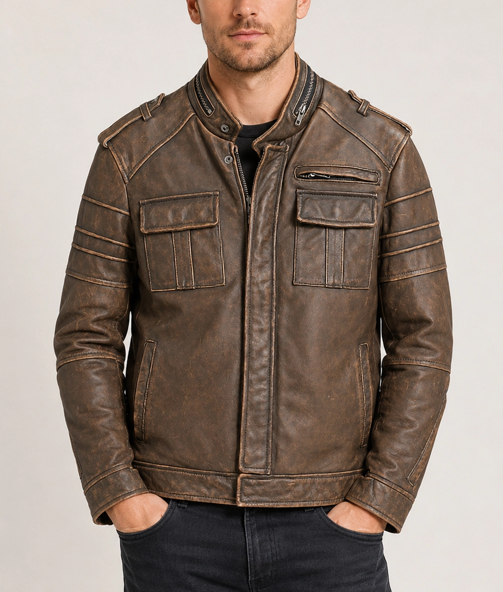 Easton Men’s Brown Distressed Bold Leather Racer Jacket - Front