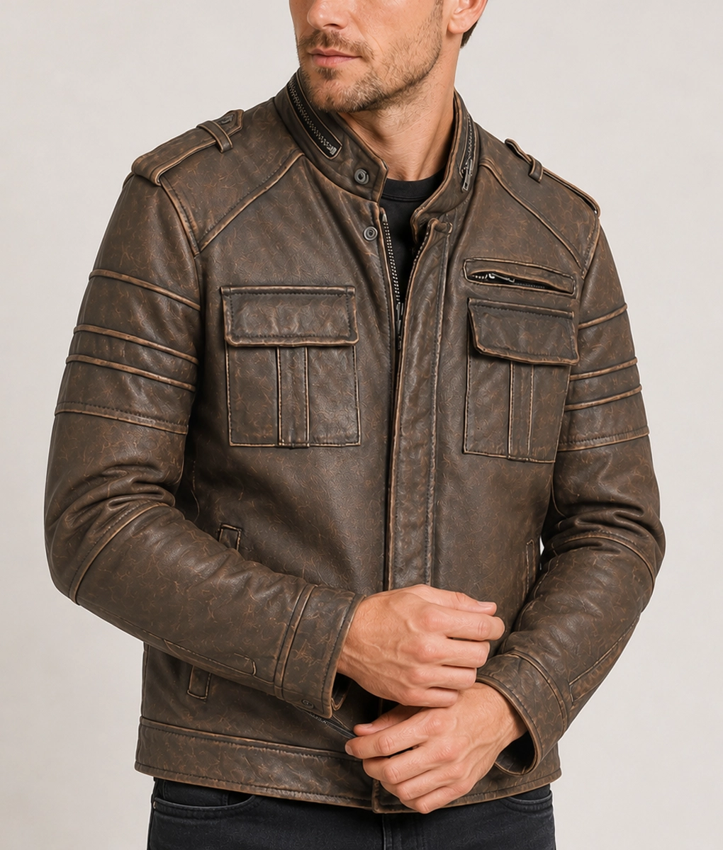 Easton Men’s Brown Distressed Bold Leather Racer Jacket - Side
