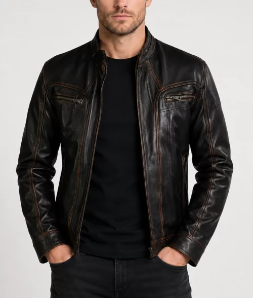 Elliot Men's Brown Distressed Iconic Leather Cafe Racer Jacket - Front
