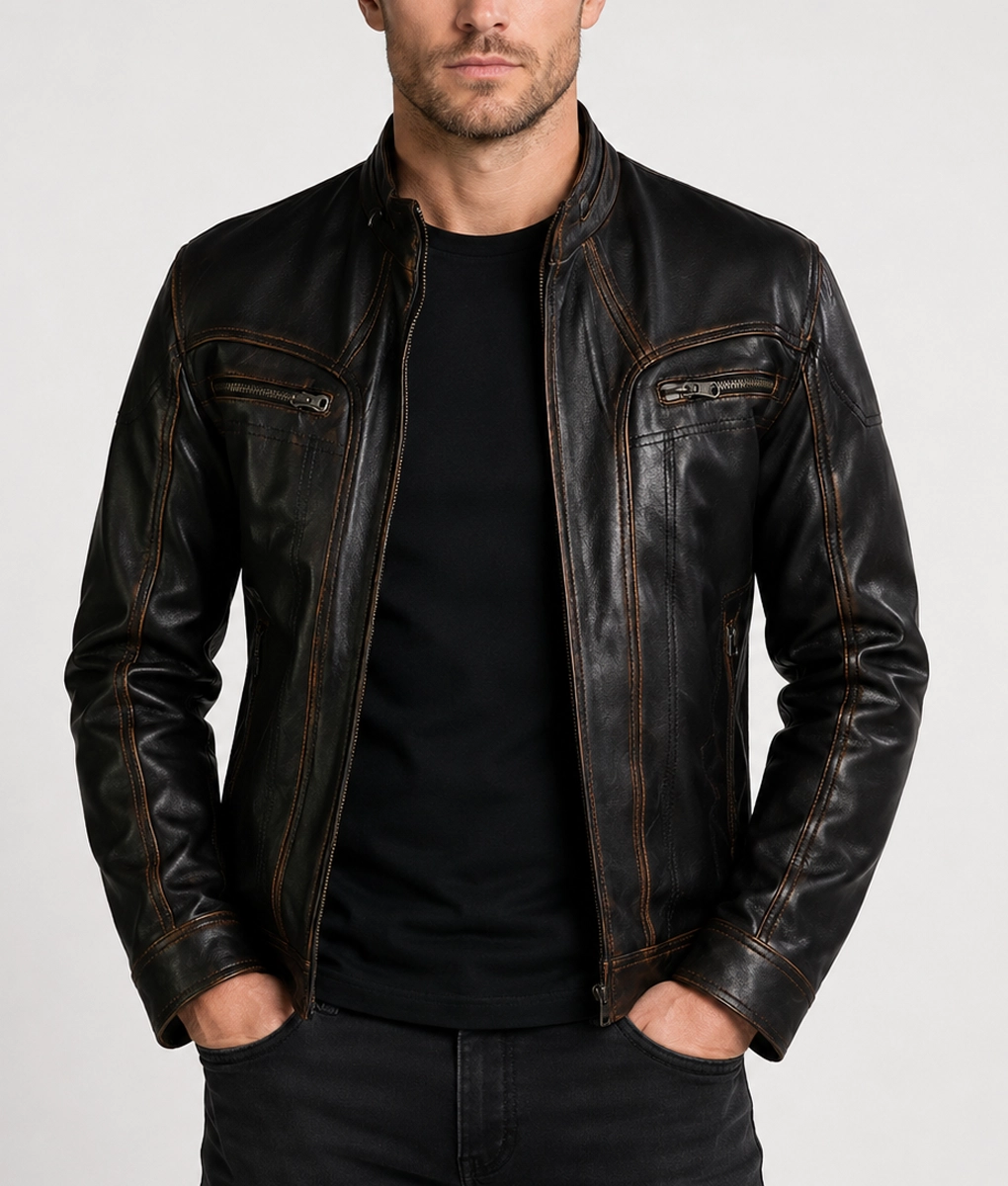 Elliot Men's Brown Distressed Iconic Leather Cafe Racer Jacket - Front