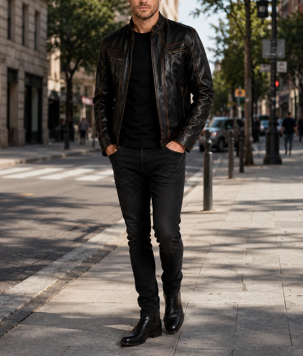 Elliot Men's Brown Distressed Iconic Leather Cafe Racer Jacket - Full