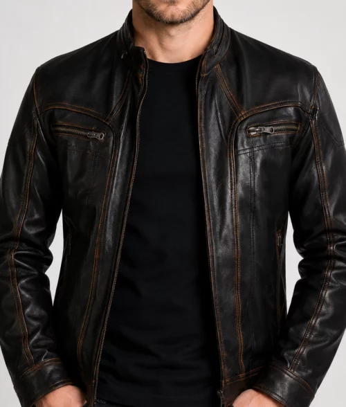 Elliot Men's Brown Distressed Iconic Leather Cafe Racer Jacket - Zoom