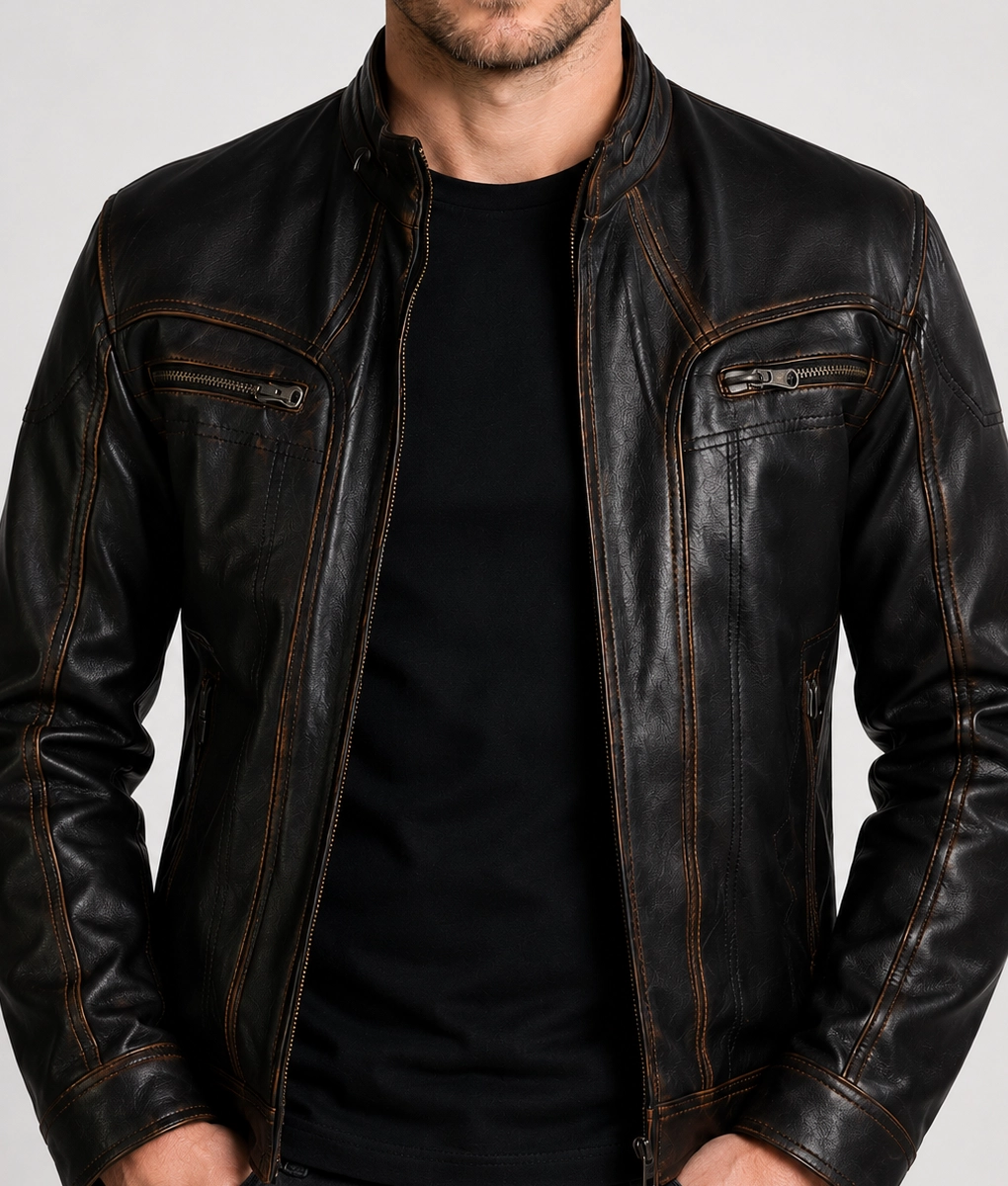 Elliot Men's Brown Distressed Iconic Leather Cafe Racer Jacket - Zoom