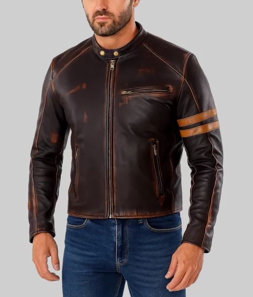 Finn Men's Brown Distressed Vintage Leather Racer Jacket-Front View