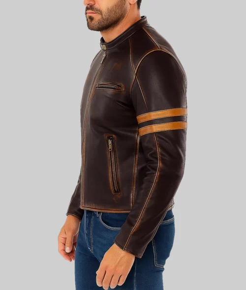 Finn Men's Brown Distressed Vintage Leather Racer Jacket-Side View
