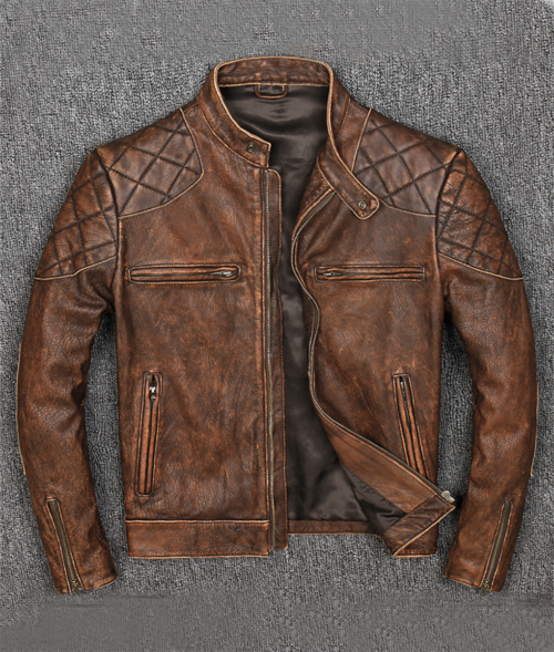 Gavin Men's Brown Distressed Quilted Leather Racer Jacket