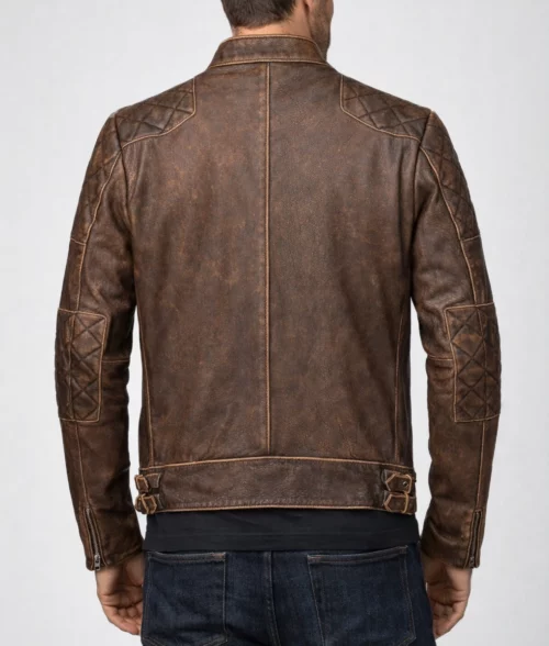 Gavin Men's Brown Distressed Quilted Leather Racer Jacket - Back View