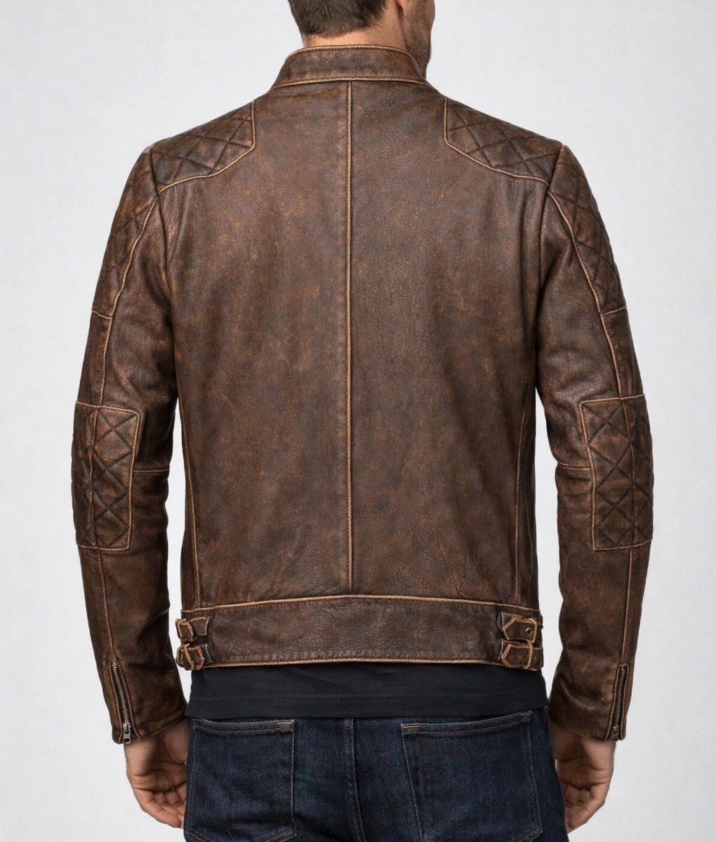 Gavin Men's Brown Distressed Quilted Leather Racer Jacket - Back View