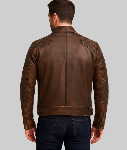Gavin Men's Brown Distressed Quilted Leather Racer Jacket-BackView