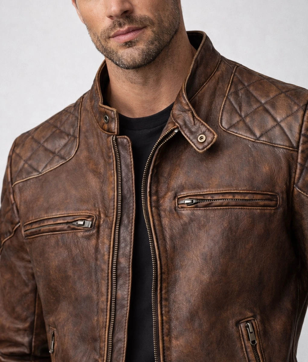 Gavin Men's Brown Distressed Quilted Leather Racer Jacket - Collar View
