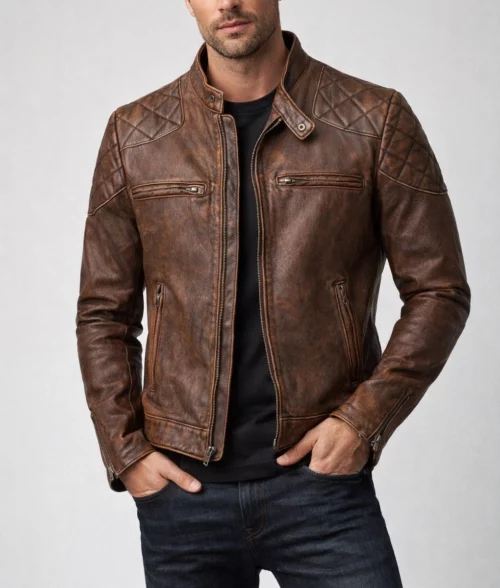 Gavin Men's Brown Distressed Quilted Leather Racer Jacket - Front View