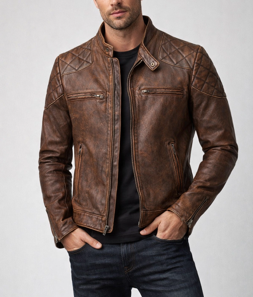 Gavin Men's Brown Distressed Quilted Leather Racer Jacket - Front View