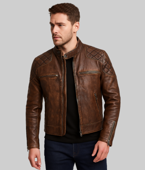 Gavin Men's Brown Distressed Quilted Leather Racer Jacket-FrontView