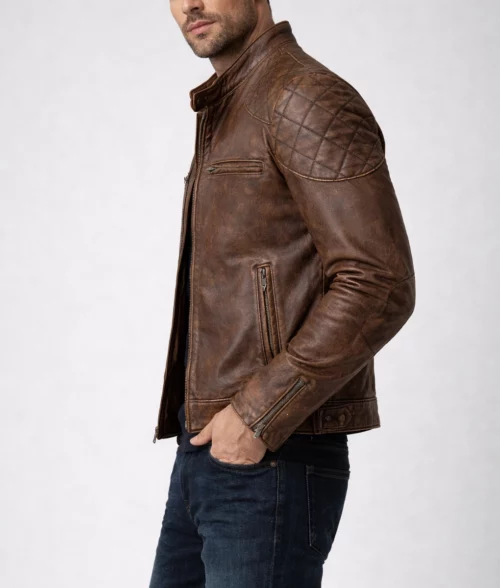 Gavin Men's Brown Distressed Quilted Leather Racer Jacket - Side View