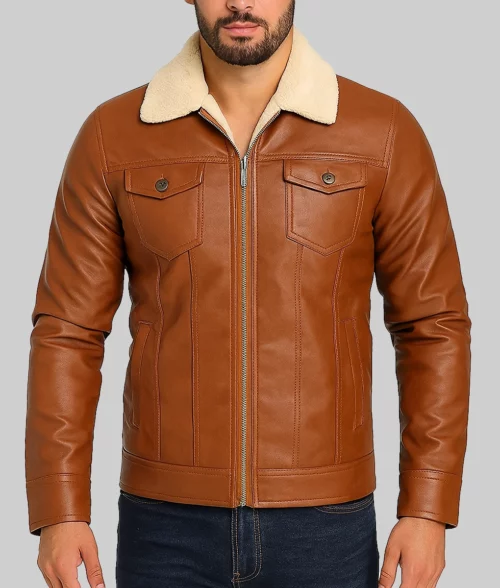 Grayson Men's Brown Leather Shearling Trucker Jacket-Front View