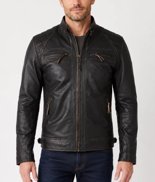 Ian Men's Brown Quilted Voguish Leather Cafe Racer Jacket - Front