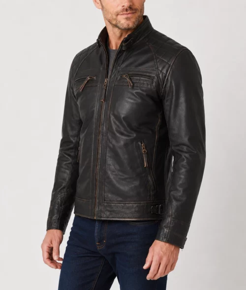 Ian Men's Brown Quilted Voguish Leather Cafe Racer Jacket - Front Side