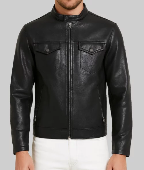Isaac Men's Black Classic Leather Trucker Racer Jacket-Front View
