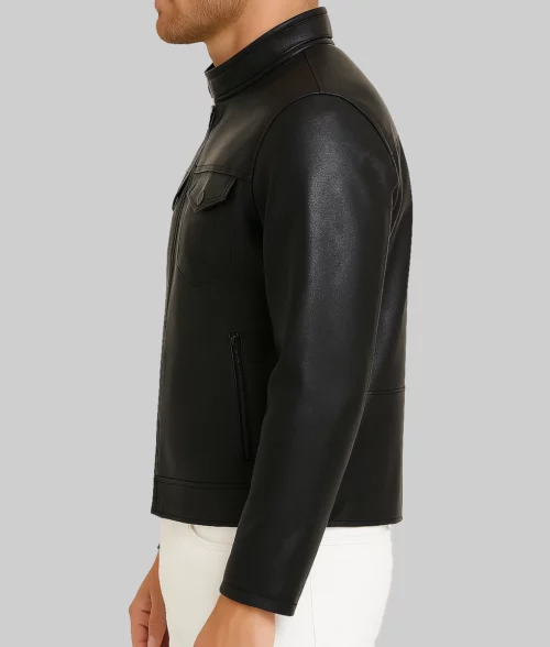 Isaac Men's Black Classic Leather Trucker Racer Jacket-Side View