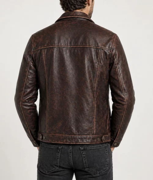Jasper Men's Brown Classic Rugged Leather Trucker Racer Jacket - Back