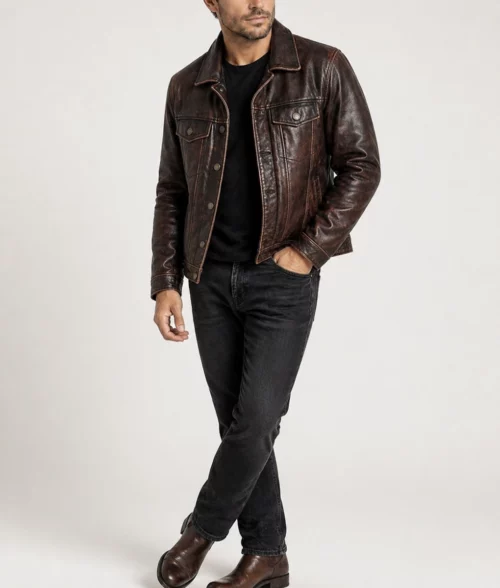 Jasper Men's Brown Classic Rugged Leather Trucker Racer Jacket - Front 2