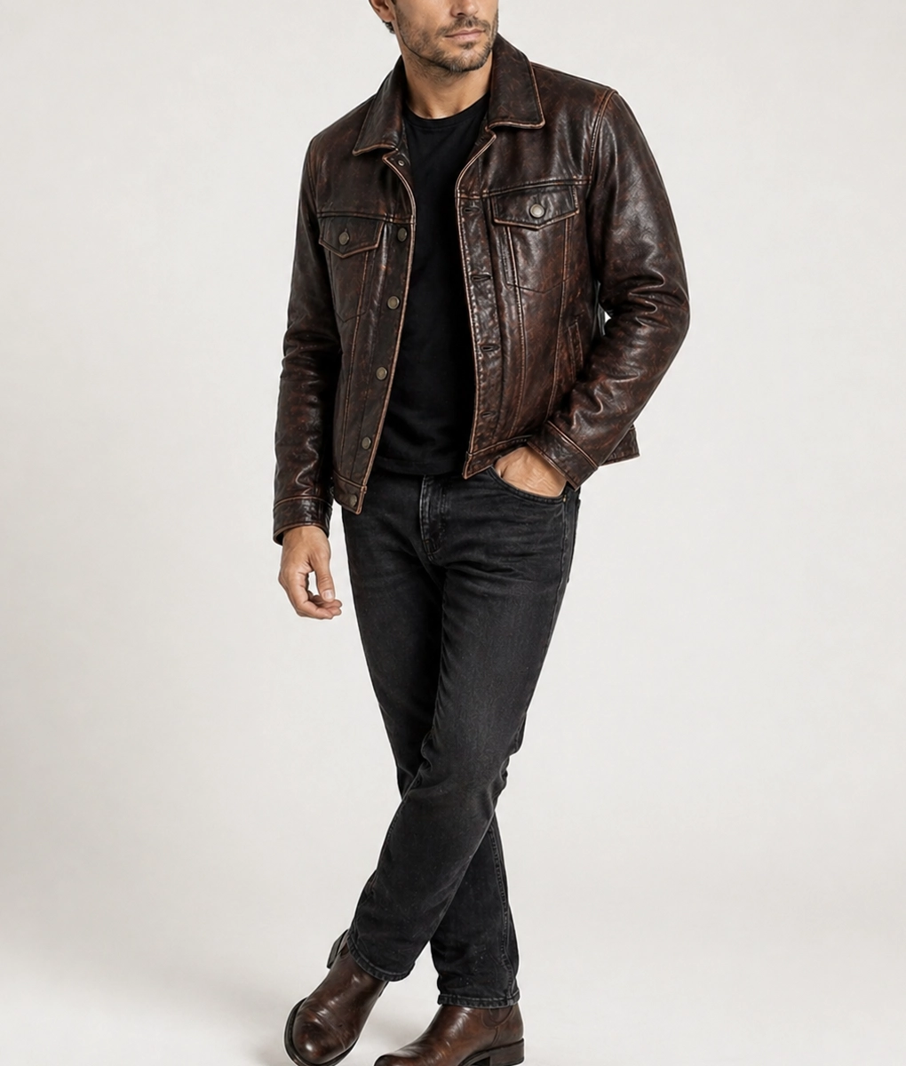 Jasper Men's Brown Classic Rugged Leather Trucker Racer Jacket - Front 2