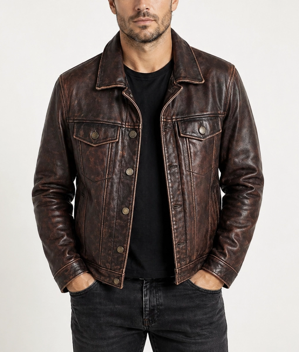 Jasper Men's Brown Classic Rugged Leather Trucker Racer Jacket - Front