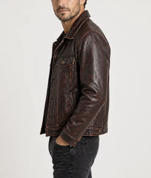 Jasper Men's Brown Classic Rugged Leather Trucker Racer Jacket - Side