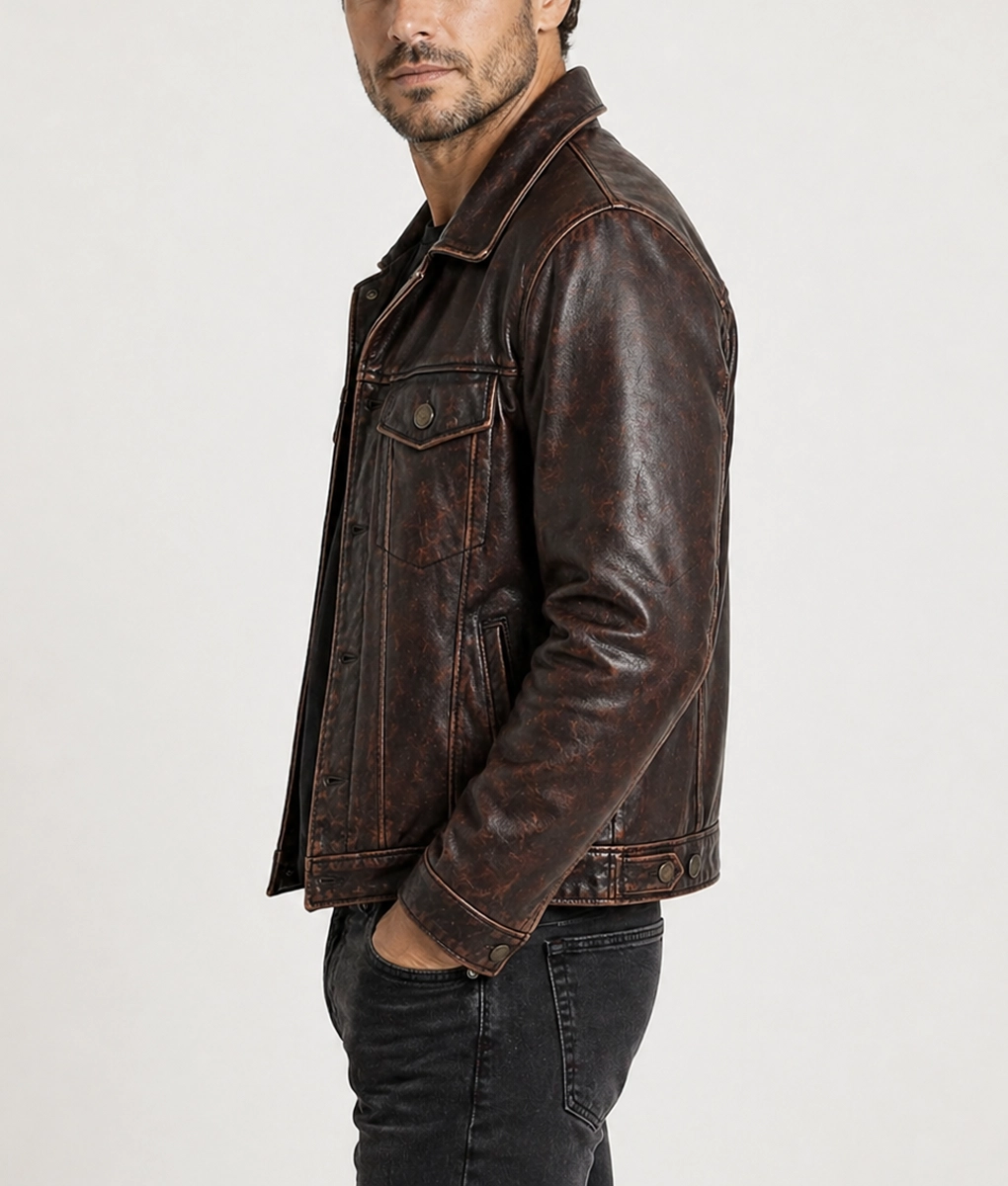 Jasper Men's Brown Classic Rugged Leather Trucker Racer Jacket - Side