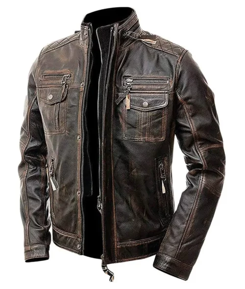 Jasper Men's Brown Distressed Rugged Leather Cafe Racer Jacket